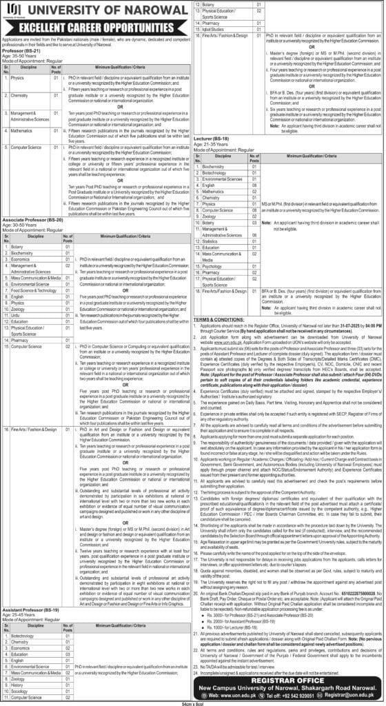 University of Narowal Jobs in All Pakistan