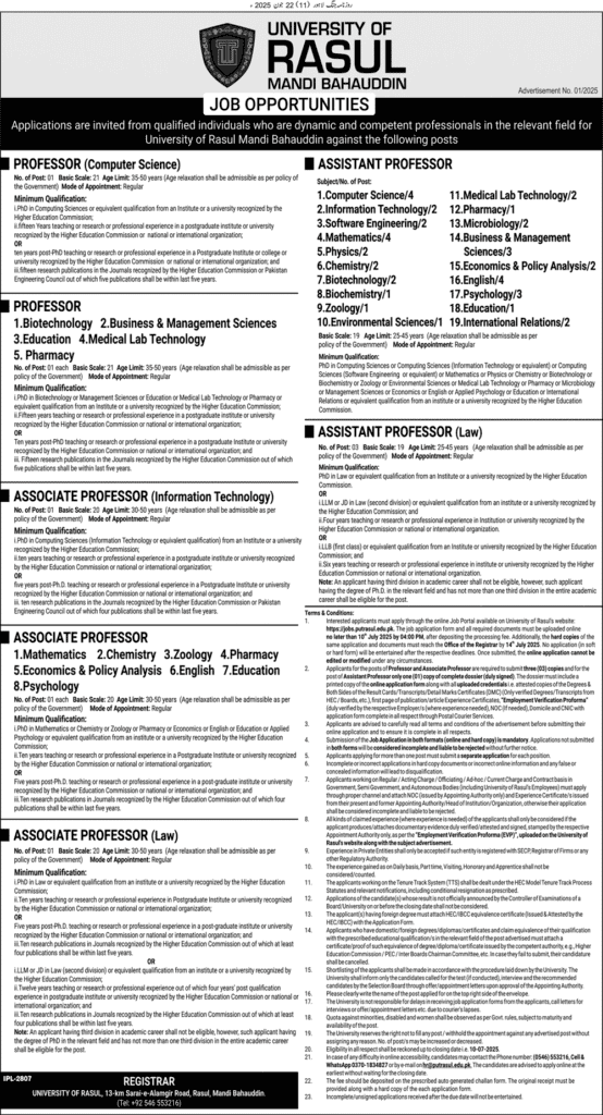 University Of Rasul Madni Bahawodin Jobs