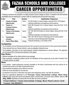 Fazaia Inter College Lahore Jobs July 2025 Teachers & Others FIC Latest