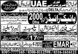 Bike Rider, Electrician and Plumber Jobs in Dubai Aug 2025