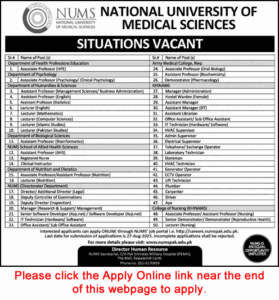 NUMS University Rawalpindi Jobs August 2025