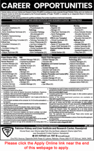 Pakistan Kidney and Liver Institute and Research Center Jobs August 2025