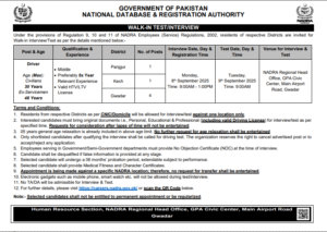 Latest Nadra Driver job in Gwadar August 2025