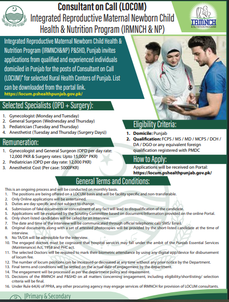 Specialist Doctors Required on Locum Basis – Join IRMNCH & Nutrition Program Punjab