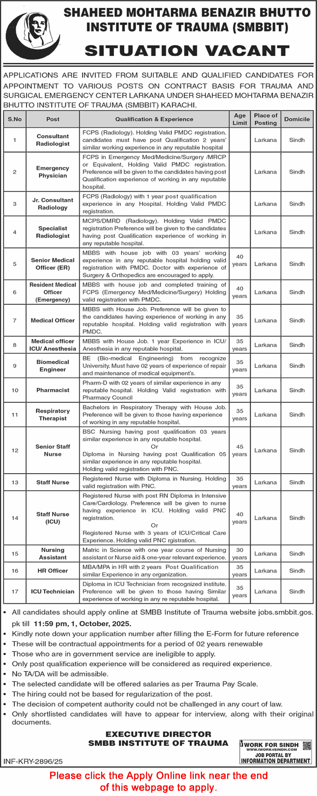 Shaheed Mohtarma Benazir Institute of Trauma Karachi Jobs