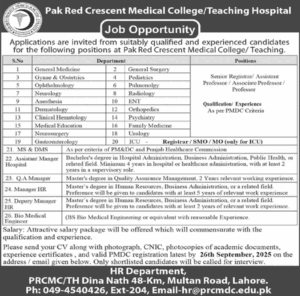 Pakistan Red Crescent Medical College & Hospital Lahore Jobs