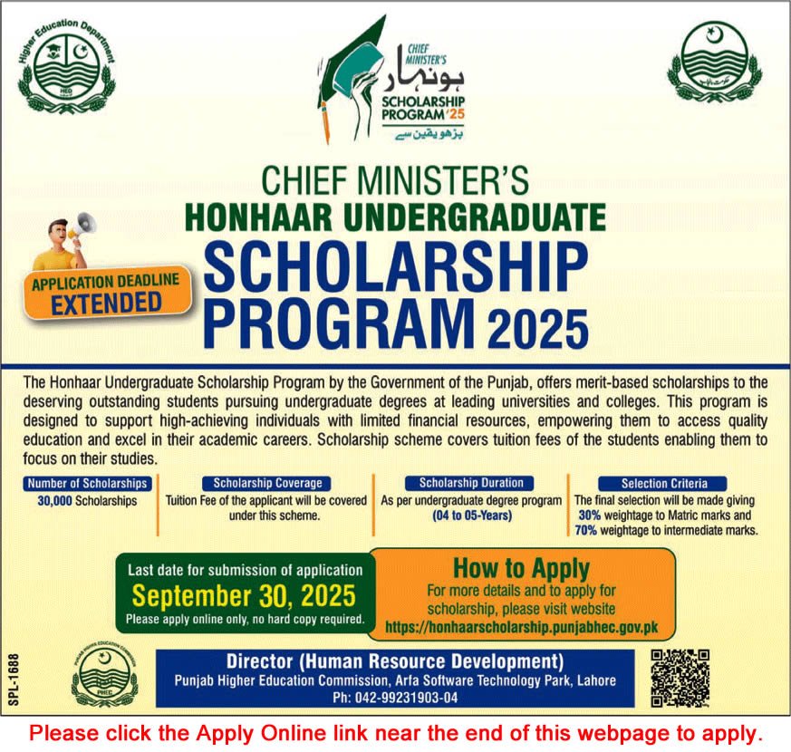 Chief Minister Punjab Honhaar Scholarship Program 2025 Sep