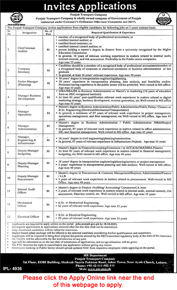 Punjab Transport Company Jobs October 2025 Apply Online