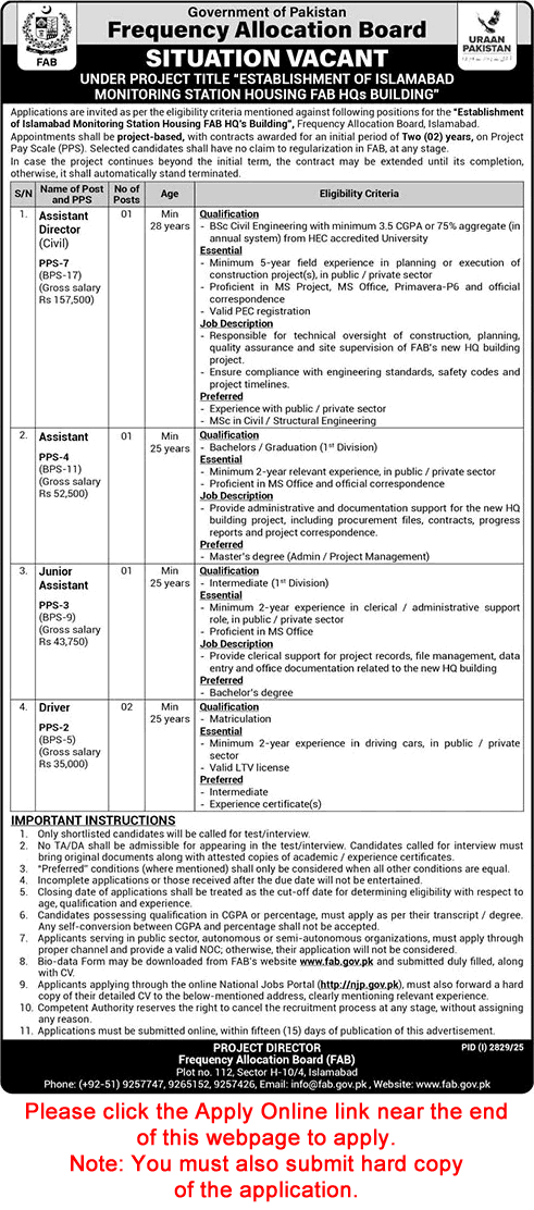 Frequency Allocation Board Islamabad Jobs October 2025