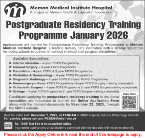 Memon Medical Institute Hospital Nov 2025 MMIH Jobs 2025