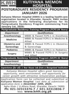 Kutiyana Memon Hospital Karachi Postgraduate Residency Jobs
