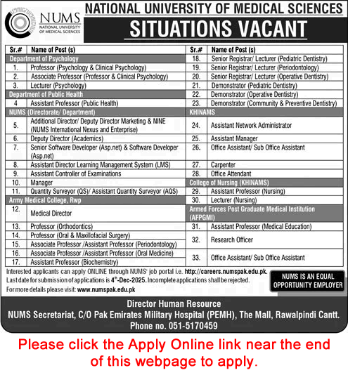 NUMS University Rawalpindi Jobs November 2025