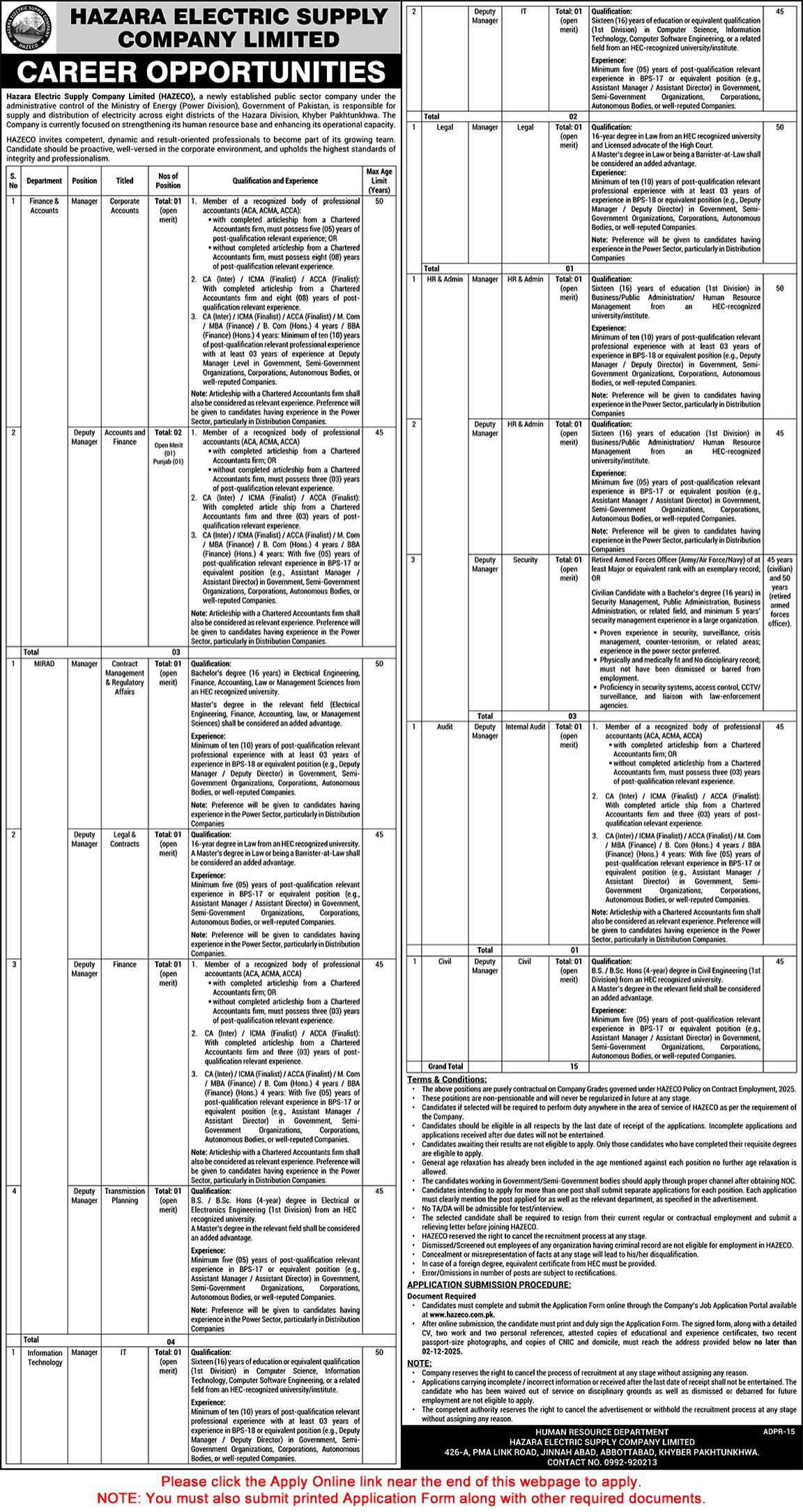 Deputy / Manager Jobs in HAZECO November 2025 WAPDA