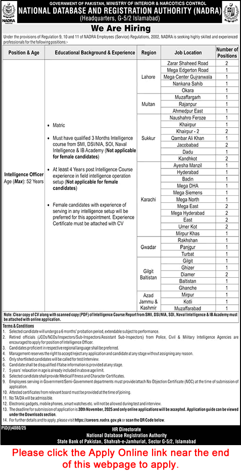 Intelligence Officer Jobs in NADRA November 2025