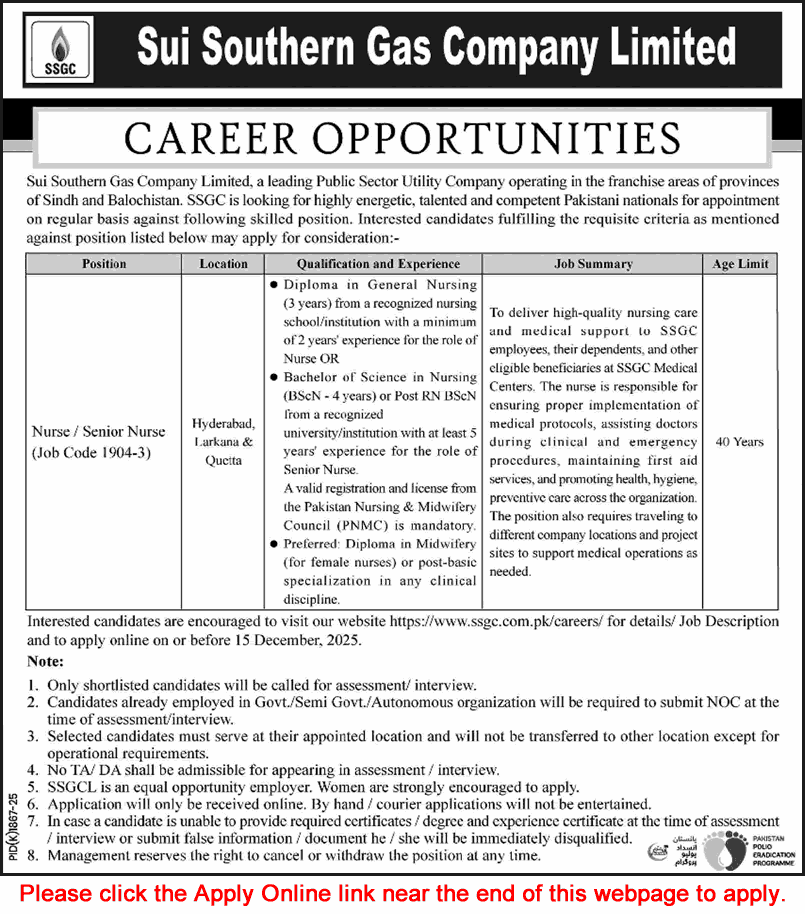 Nurse Jobs in SSGC November 2025 December Apply Online
