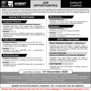SZABIST University Karachi Jobs November 2025 December