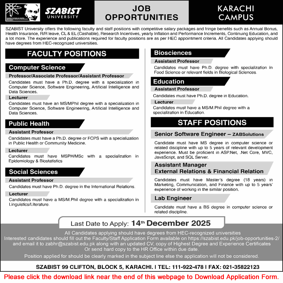 SZABIST University Karachi Jobs November 2025 December