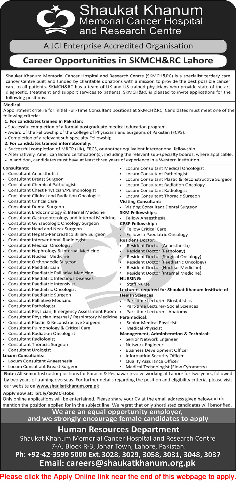 Shaukat Khanum Hospital Lahore Jobs 2025 – Apply Online