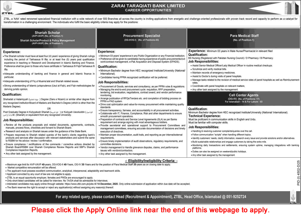 ZTBL Jobs 2025 | Apply Online Call Center Agents & Shariah Scholar Zarai Taraqiati Bank Limited Latest