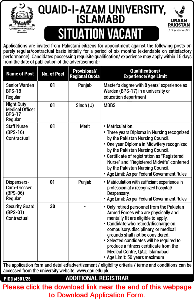 Quaid i Azam University Islamabad Jobs November 2025 DEC